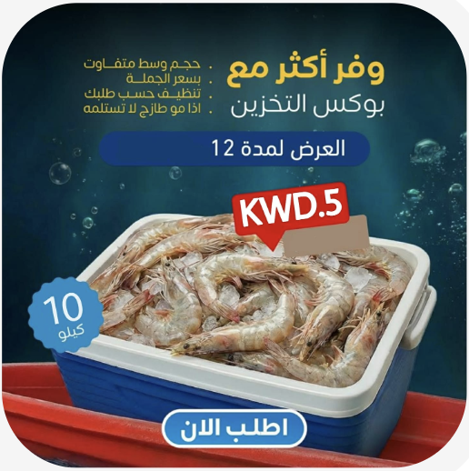روبيان كويتي كبير (طازج غير مقشر) - بوكس 10 كيلو